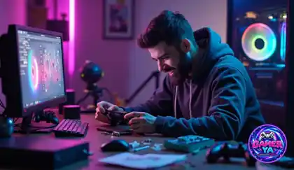 Técnico reparando una consola en su taller