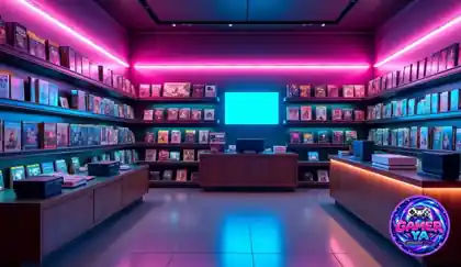 Tienda de videojuegos con estantes llenos de juegos y consolas